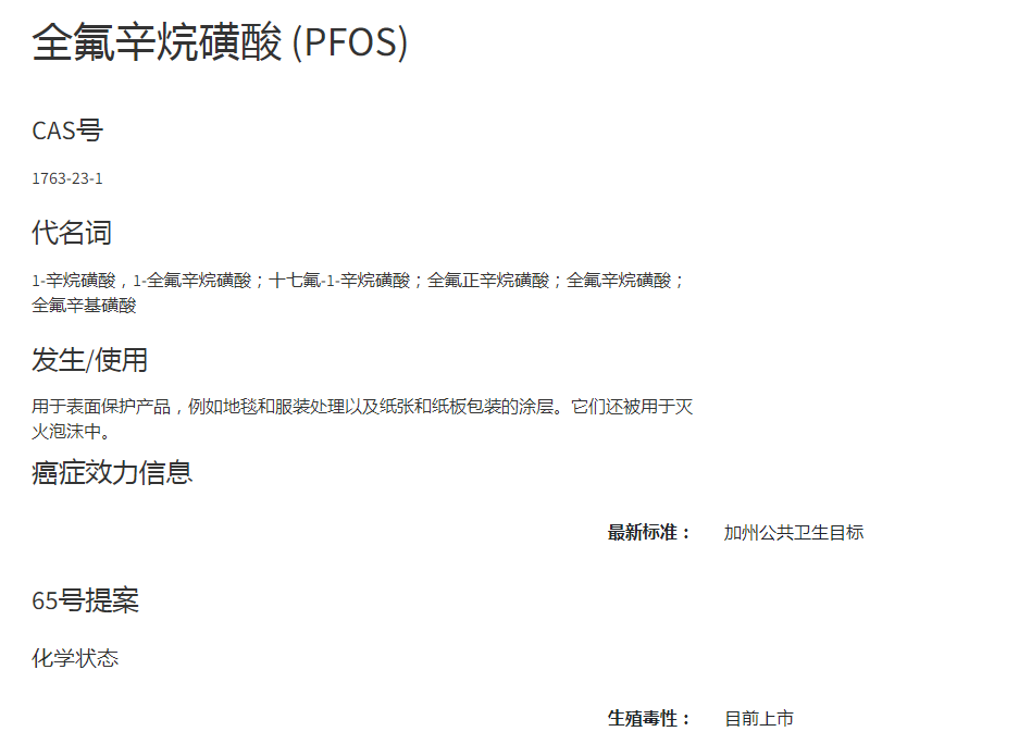 加州65新增PFOS致癌化學品清單 加州65新增PFOS致癌化學品清單